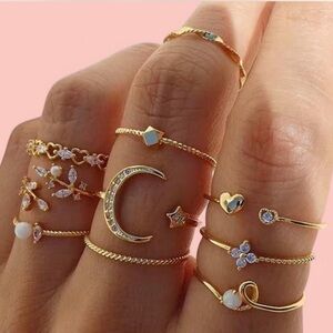 Elegant Gold-Tone Moon and Star Ring Set